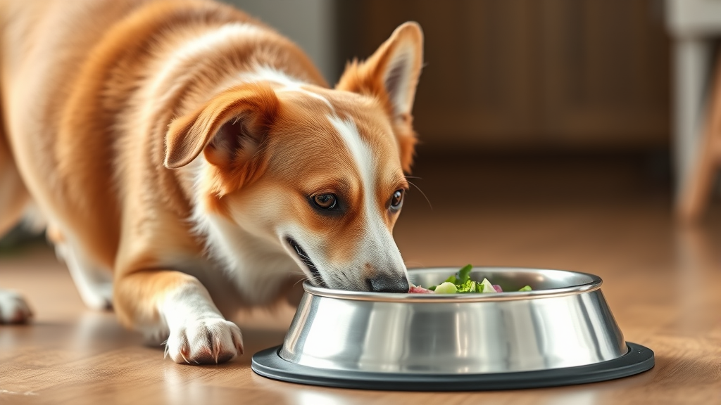 Happy healthy dog eating fresh meal from stainless bowl no text no words no letters