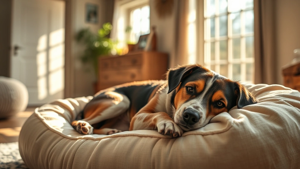 A serene, peaceful scene of a dog resting comfortably on a soft bed in a warm home environment, sunlight streaming through windows, conveying comfort and tranquility