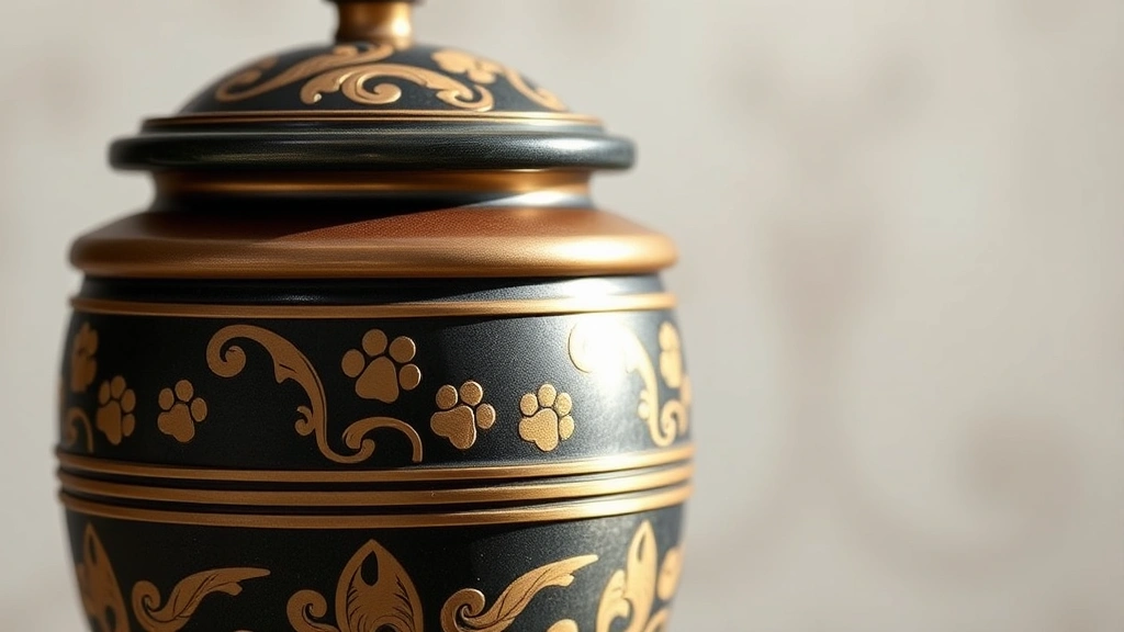 A close-up of a beautiful decorative pet cremation urn with soft, natural lighting against a blurred background, showing craftsmanship and dignity without any visible text or branding