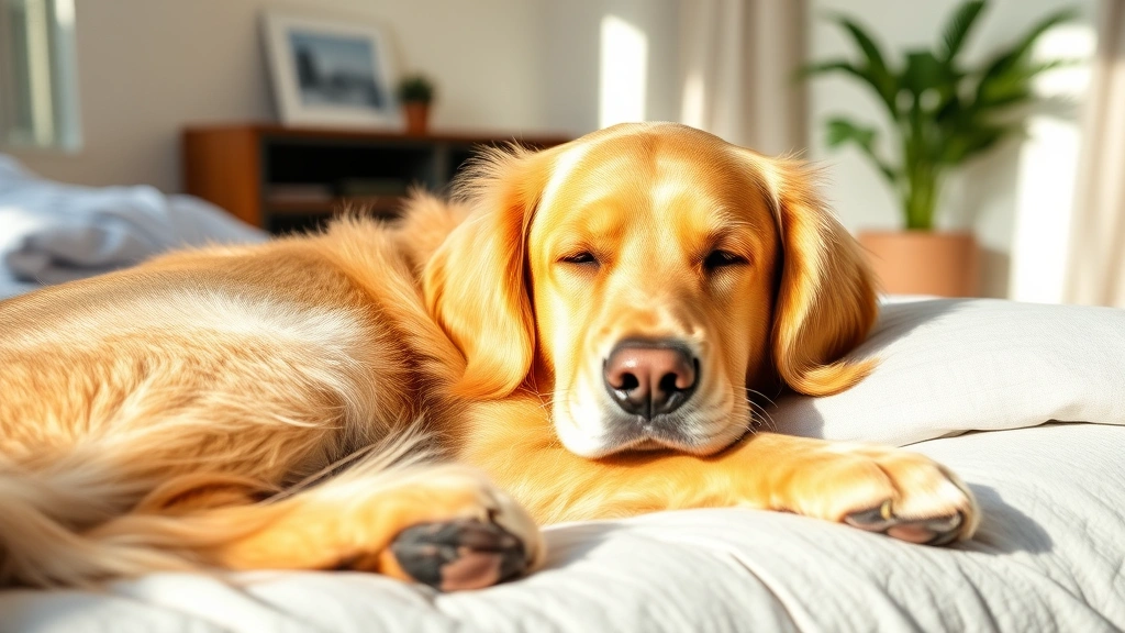 Peaceful senior golden retriever resting on a comfortable bed in a sunlit room, calm and serene expression