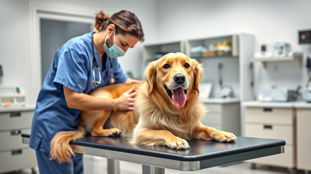 Veterinarian in scrubs gently examining happy golden retriever on examination table in modern veterinary clinic, no text, no words, no letters