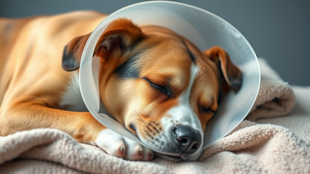 Peaceful sleeping dog wearing protective cone collar resting on soft blanket after surgery, no text, no words, no letters