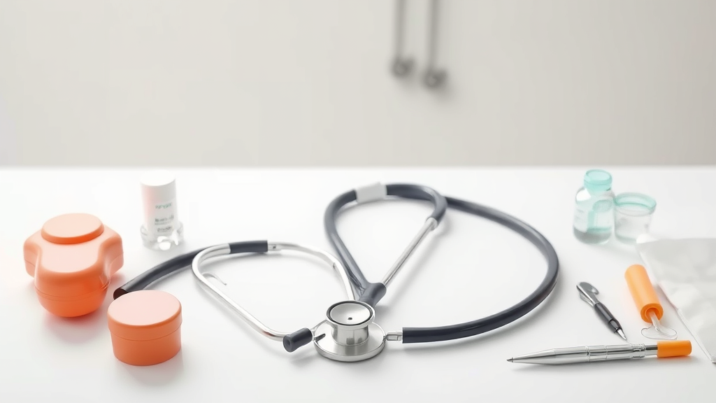 Stethoscope and medical supplies arranged on clean white veterinary table with soft lighting, no text, no words, no letters