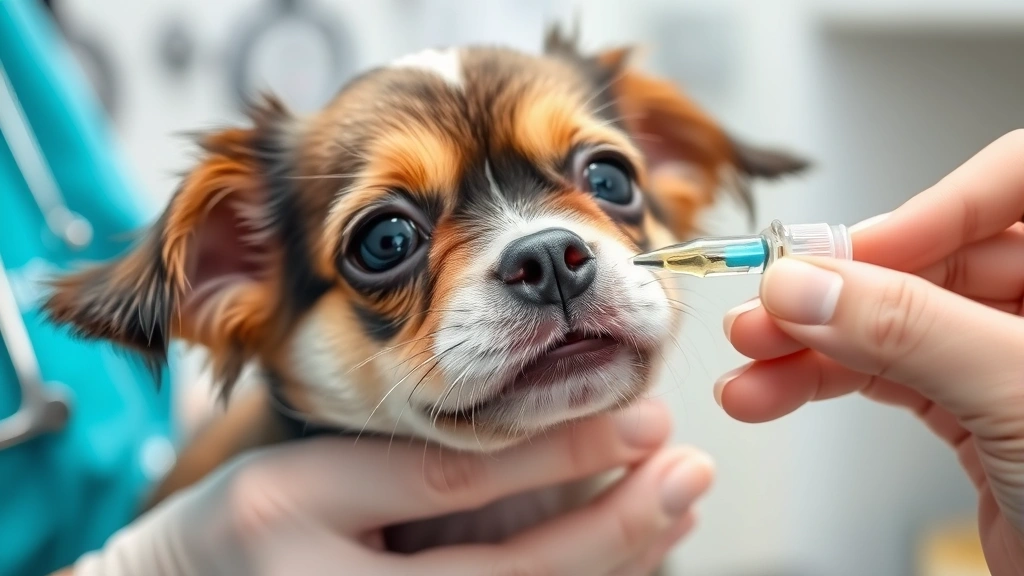 Close-up of a small dog being gently held while receiving liquid medication from an eyedropper, veterinary clinic background
