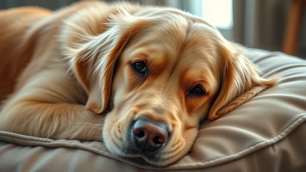 Golden retriever with gentle expression lying on soft cushion, looking slightly unwell or tired, warm home lighting, close-up of face and upper body