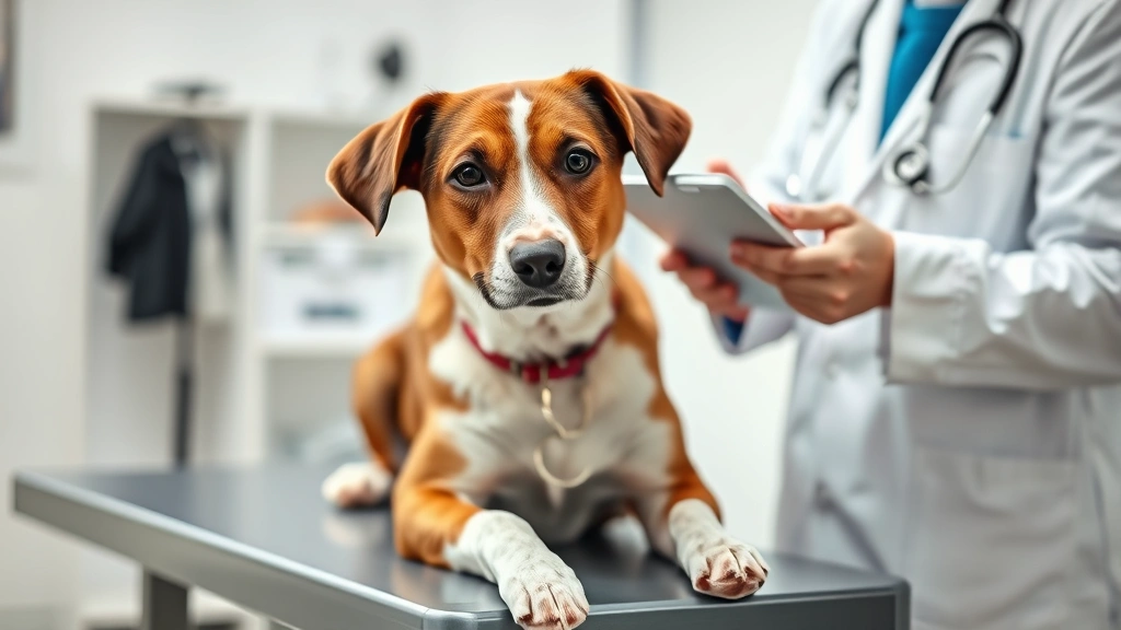 Veterinarian in white coat examining brown and white dog on examination table, holding tablet and discussing with dog owner in blurred background