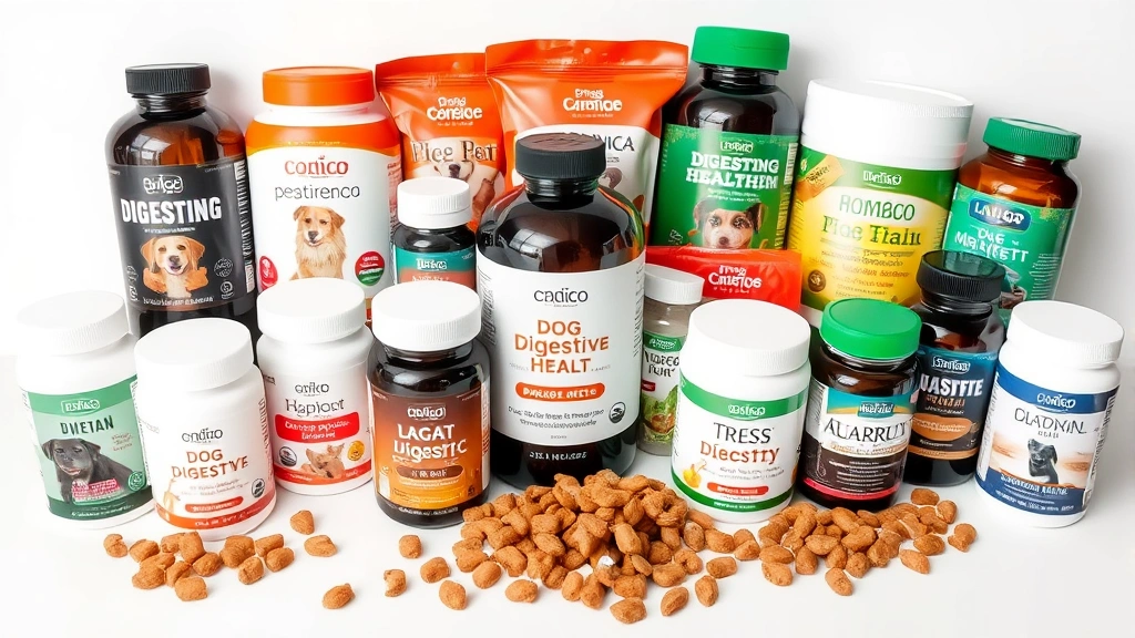 Variety of dog digestive health products and supplements arranged on white surface including bottles, containers, and treats, professional product photography style