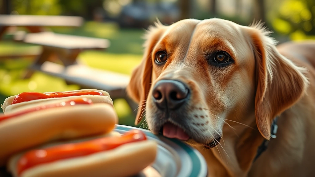 Close-up of a golden Labrador looking eagerly at a picnic table with hot dogs and buns, shallow depth of field, natural sunlight