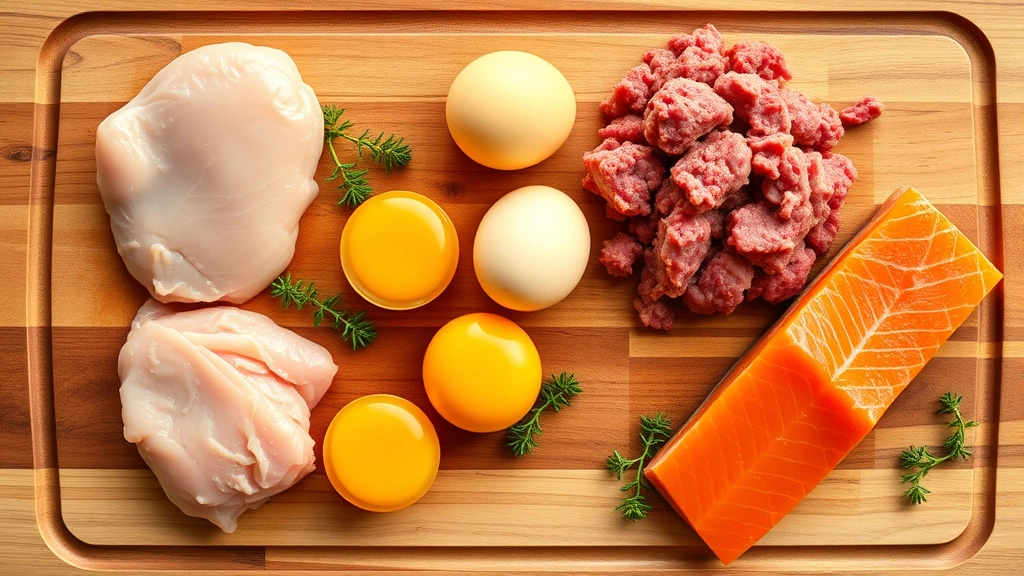 Flat lay overhead shot of various protein sources for dogs: raw chicken breast, ground beef, eggs, and salmon fillet on a wooden cutting board