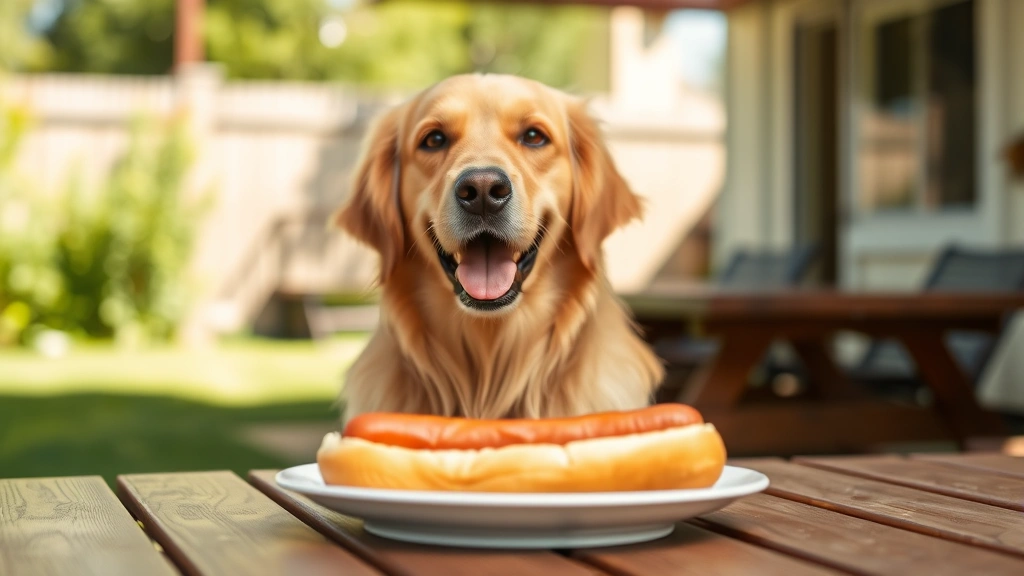 Golden Retriever sitting at outdoor picnic table with hot dog on plate in foreground, eager expression, sunny backyard setting