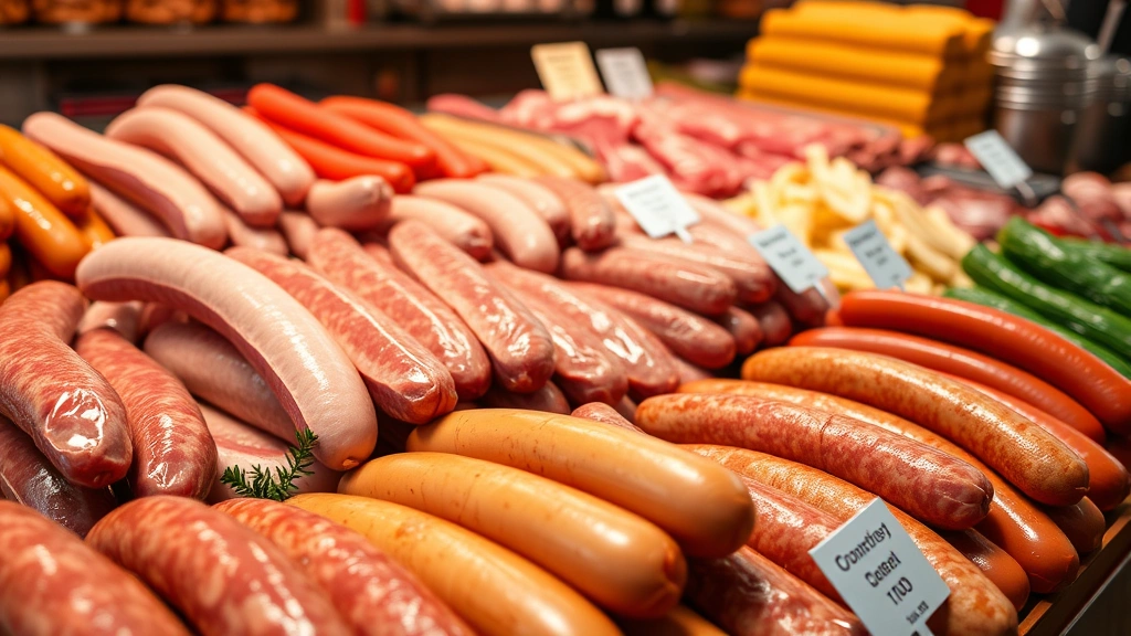 Close-up of various raw sausages and processed meats on butcher counter, showing different types of hot dogs and meat products