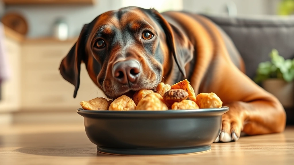 Happy Labrador eating from bowl containing cooked chicken pieces, bright kitchen background with natural lighting