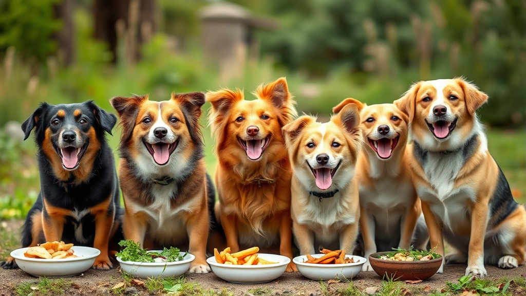 Happy healthy dogs of different sizes eating from appropriate portions, outdoor setting, natural poses, no text no words no letters