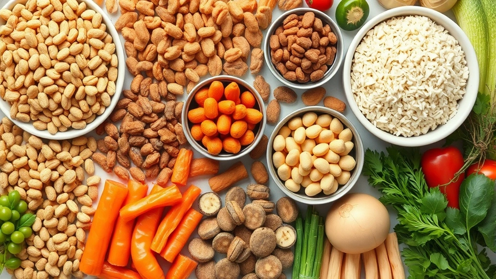 Various dog food types displayed including kibble, wet food cans, and fresh ingredients, organized flat lay composition