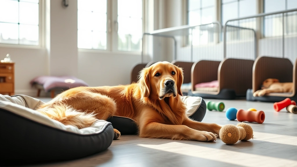 Golden Retriever relaxing in a modern, sunlit dog boarding facility with comfortable bedding and toys scattered around