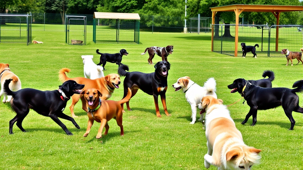 Multiple dogs of different breeds playing together outdoors in a spacious, grassy dog park with shade structures