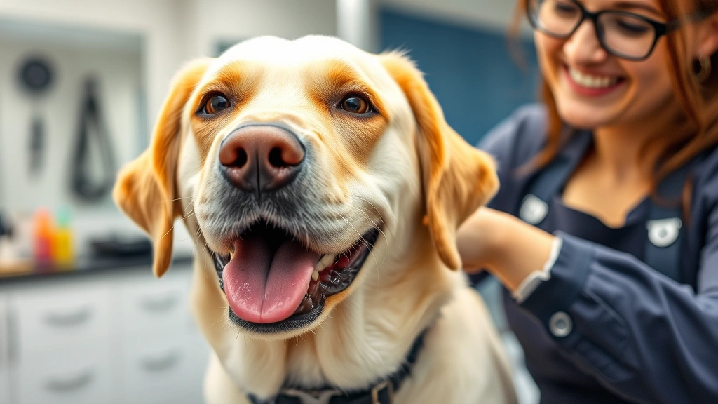 Close-up of a happy Labrador being professionally groomed by a smiling groomer in a clean, bright grooming salon