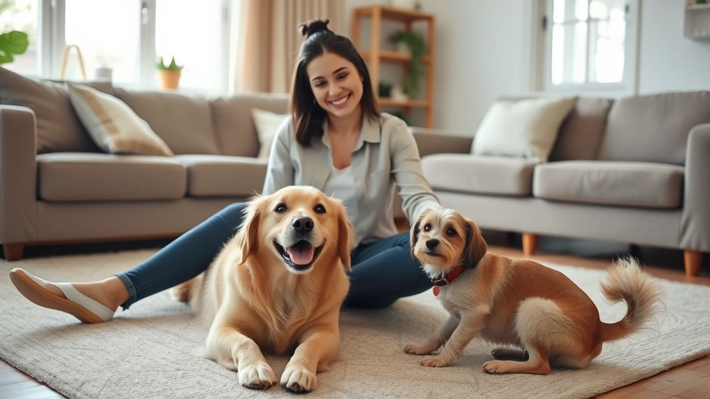 Professional dog sitter sitting on living room floor with a happy golden retriever and small terrier playing around her, natural sunlight through windows, warm and welcoming atmosphere