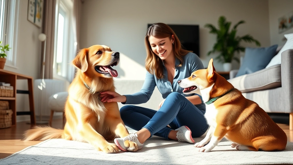 Professional dog sitter sitting on floor playing with golden retriever and corgi in bright living room, both dogs engaged and happy, natural sunlight
