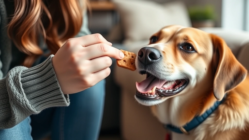 Close-up of a dog sitter's hands giving a friendly dog a treat during a visit, showing trust and care between caregiver and pet, cozy home setting