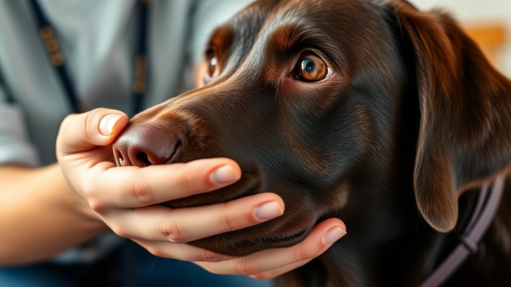 Close-up of dog sitter's hands gently petting and bonding with friendly chocolate Labrador, showing care and trust, soft indoor lighting