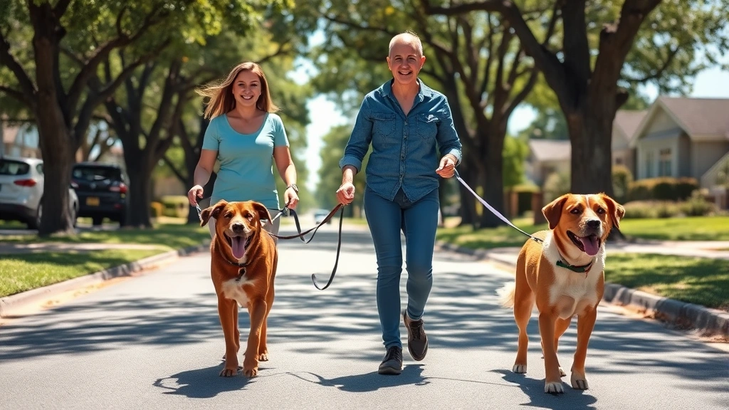 Dog sitter walking three different breeds of dogs on leashes through a tree-lined neighborhood street on a sunny day, all dogs appear happy and well-behaved