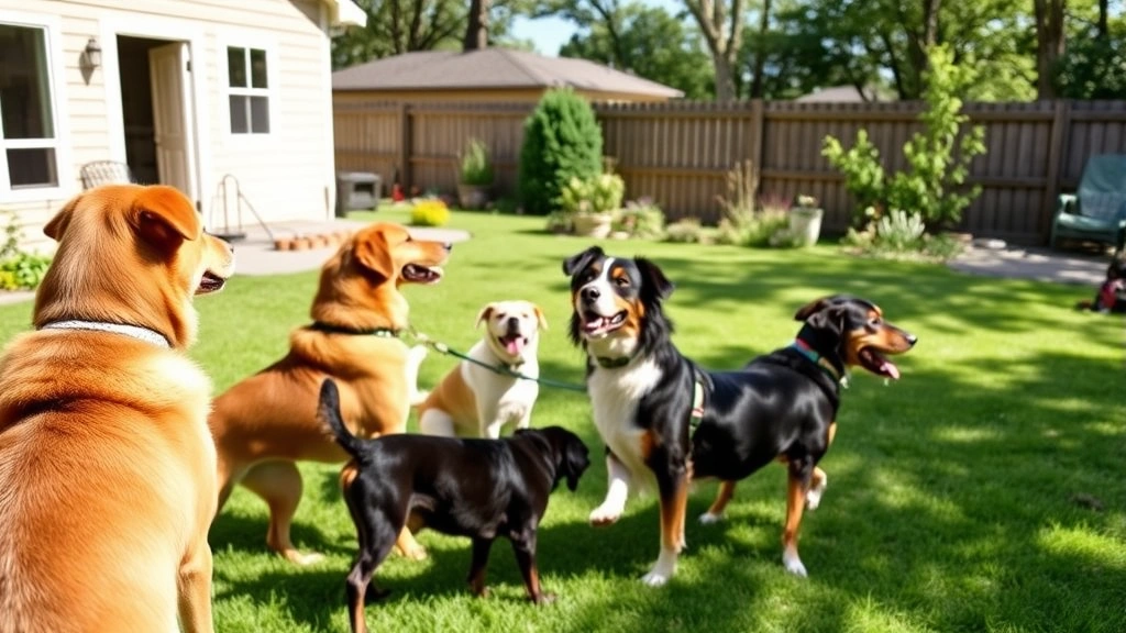 Dog sitter checking time on watch while three different breeds of dogs play together in spacious backyard, sunny day, peaceful setting