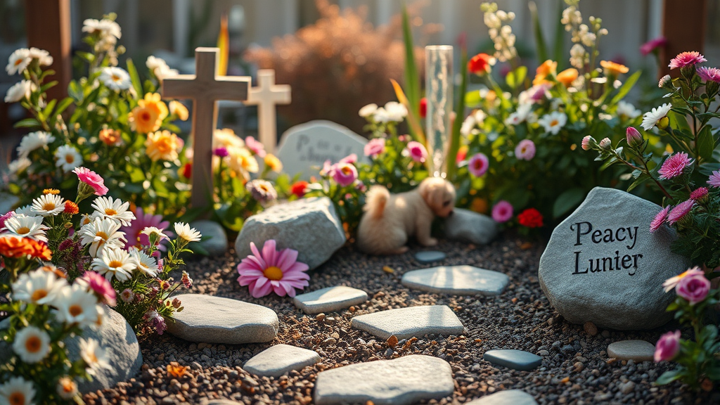 Peaceful pet memorial garden with flowers and remembrance stones, soft lighting, serene atmosphere, no text no words no letters