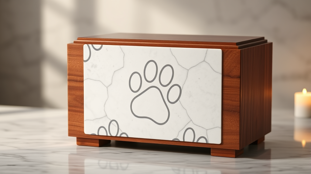 Elegant wooden cremation urn with paw print design on marble surface, gentle lighting, respectful presentation, no text no words no letters