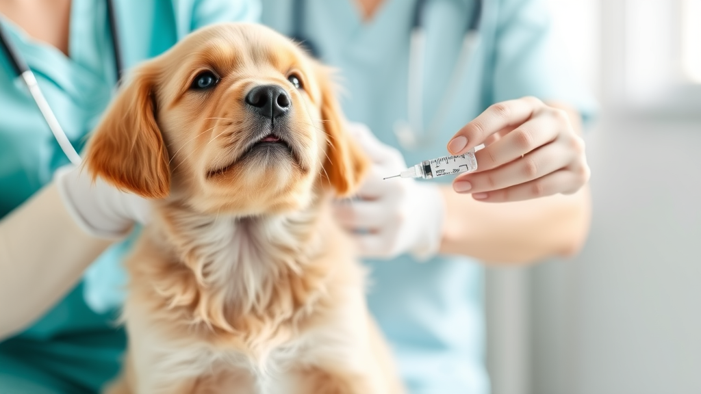 Veterinarian administering vaccine to golden retriever puppy in bright clinic setting, no text, no words, no letters