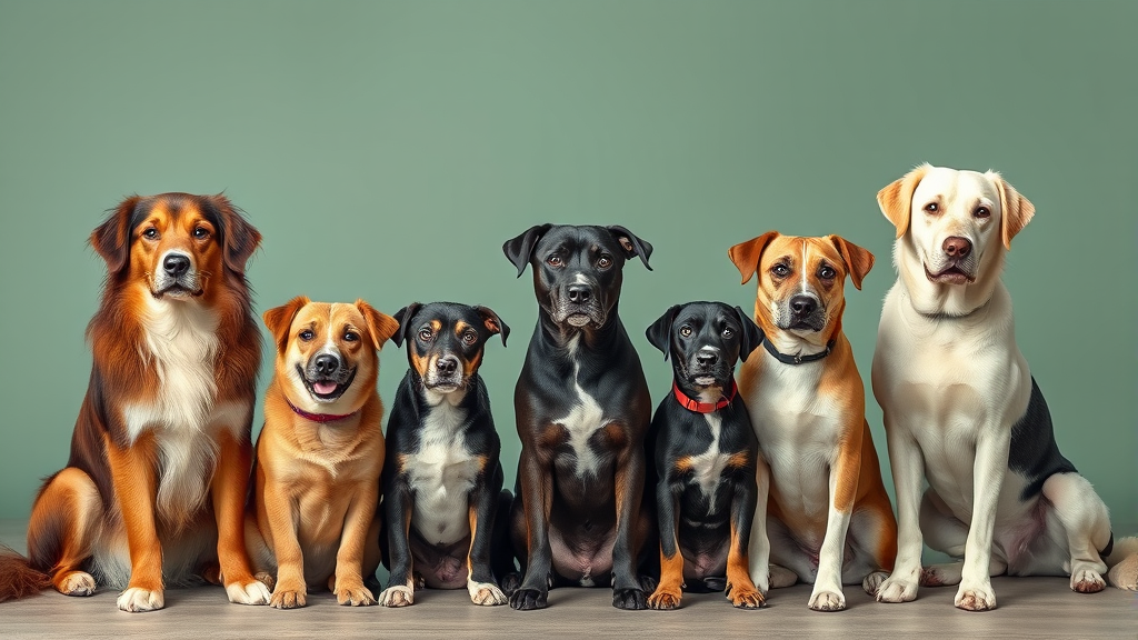 Multiple dogs of different breeds sitting together representing community health protection, no text, no words, no letters