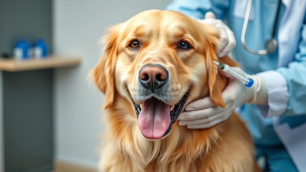 Healthy golden retriever at veterinary clinic receiving vaccination from professional veterinarian, no text no words no letters