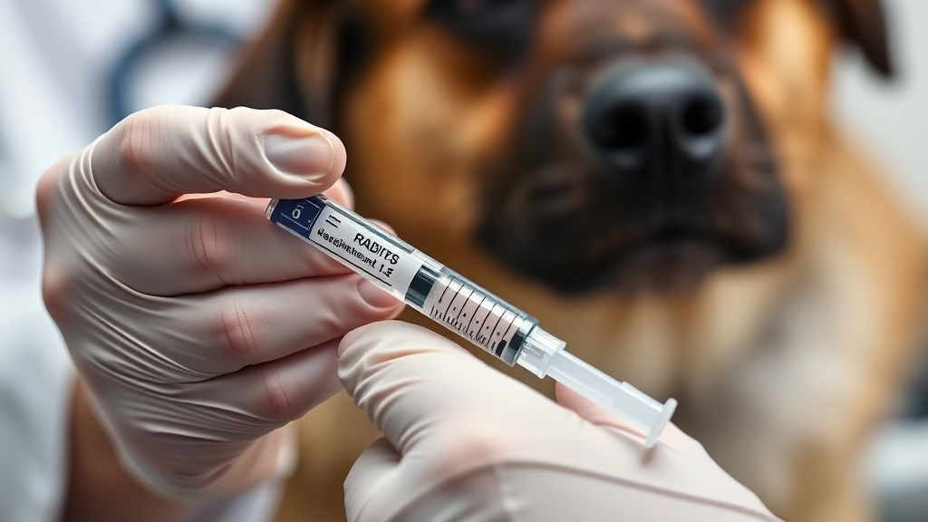 Close up of veterinarian hands preparing rabies vaccine syringe for dog vaccination, medical setting, no text no words no letters