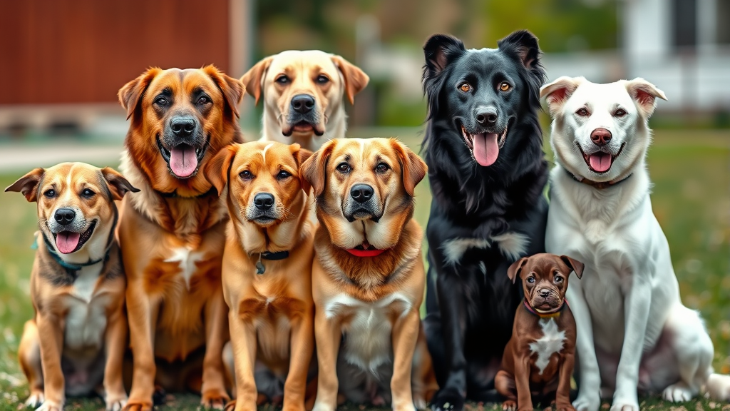 Multiple dogs of different breeds sitting together outdoors representing community protection through vaccination, no text no words no letters