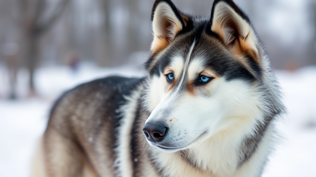 Majestic Siberian Husky with bright blue eyes standing in snowy landscape, thick fur coat, alert expression, no text no words no letters