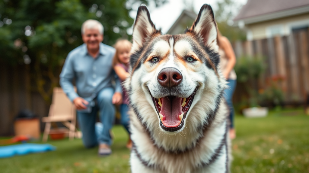 Happy elderly Husky dog playing with family in backyard, gray muzzle, gentle expression, active lifestyle, no text no words no letters