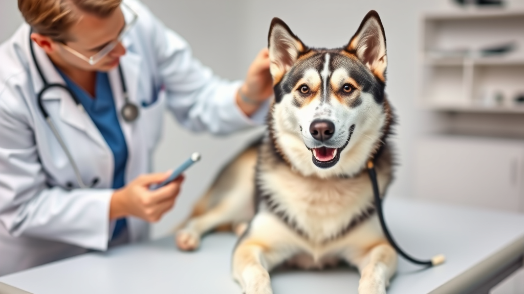 Veterinarian examining healthy Husky dog on examination table, stethoscope, professional care setting, no text no words no letters