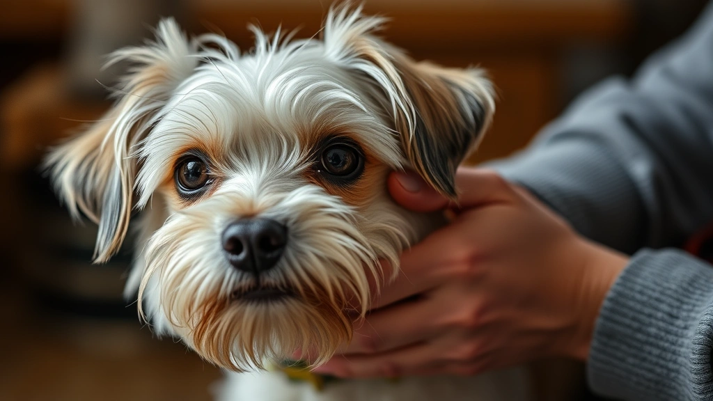 Elderly small dog being gently petted by an owner's hand, showing affection and bonding between senior pet and human