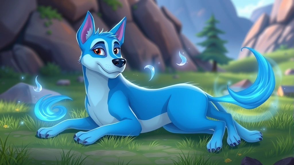 Magical blue dog with stretchy body in animated adventure setting, surrounded by glowing magical aura, lying relaxed on grass