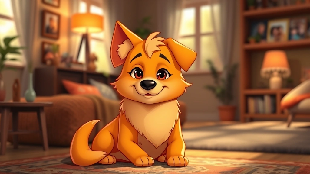 Orange-yellow magical dog character with relaxed expression, sitting in cozy home setting with family photos on walls, warm lighting