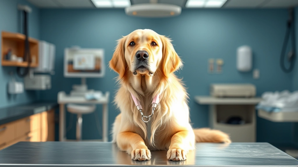 Female golden retriever sitting calmly at veterinary clinic examination table with soft natural lighting and professional medical environment visible in background