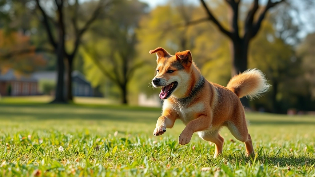 Young female mixed breed dog playing energetically in grassy outdoor park during daytime with trees and clear sky