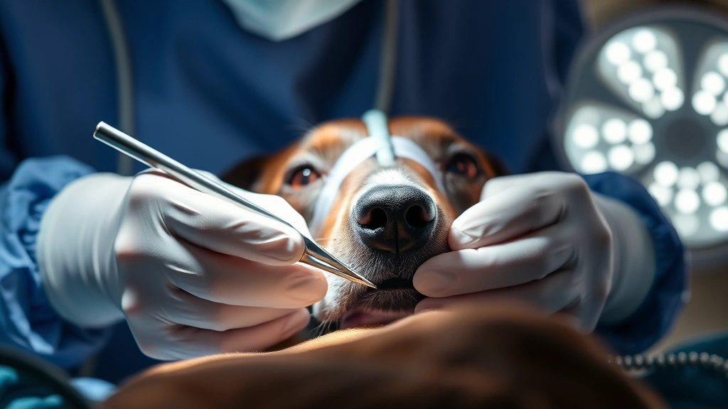 Close-up of veterinary surgeon's hands performing careful surgical procedure on dog under bright surgical lights with sterile instruments visible