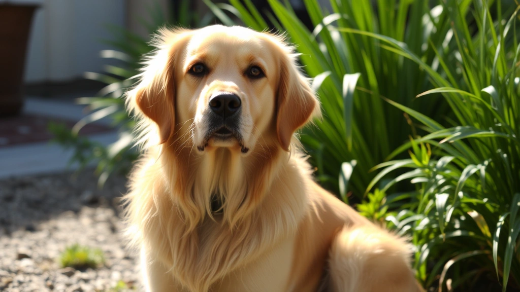 Golden retriever with alert expression, sitting in sunlight near green plants and outdoor environment, natural lighting