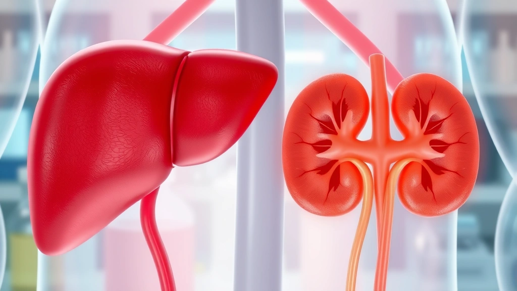 Close-up of liver and kidney organs with laboratory background, medical illustration style, showing organ structure and health