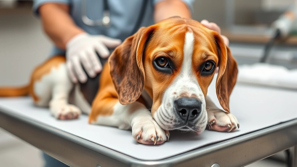 Beagle dog resting on veterinary examination table with concerned expression, veterinarian hands examining dog, clinical setting