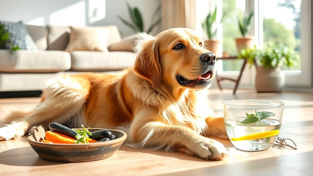 Golden retriever lying down in a sunny living room with a bowl of fresh vegetables and water nearby, peaceful and healthy looking