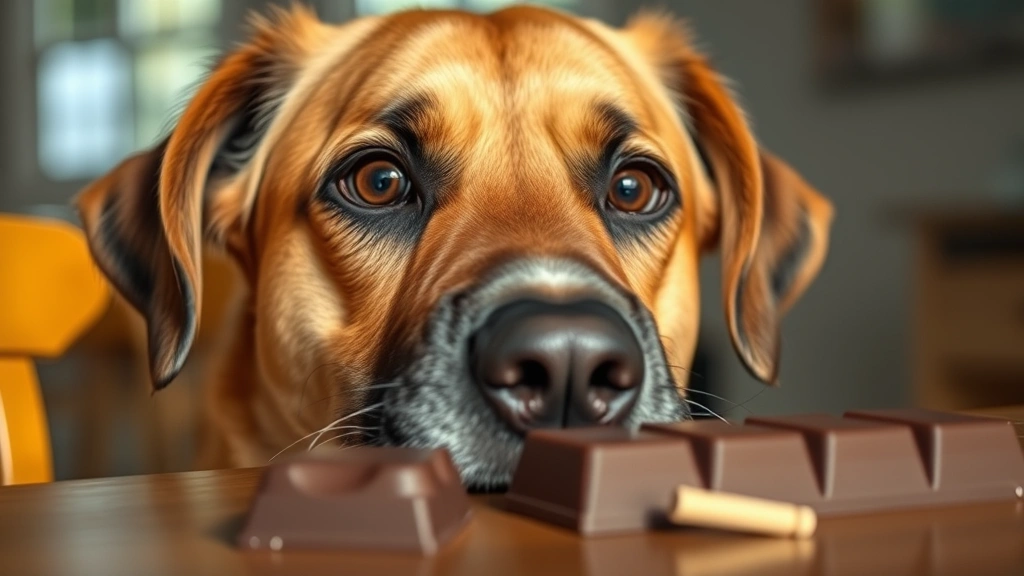 Close-up of a dog's face looking at a chocolate bar on a table, curious but concerned expression, warm natural lighting