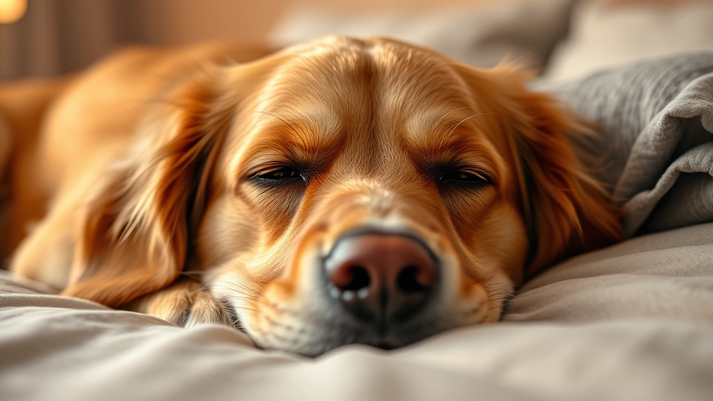 Close-up of a golden retriever's face looking tired and resting on a comfortable bed, warm indoor lighting, peaceful expression