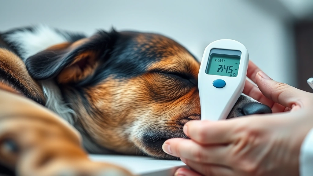 Dog thermometer being gently held near a sleeping dog's side, soft focus background, veterinary care setting, caring hands visible